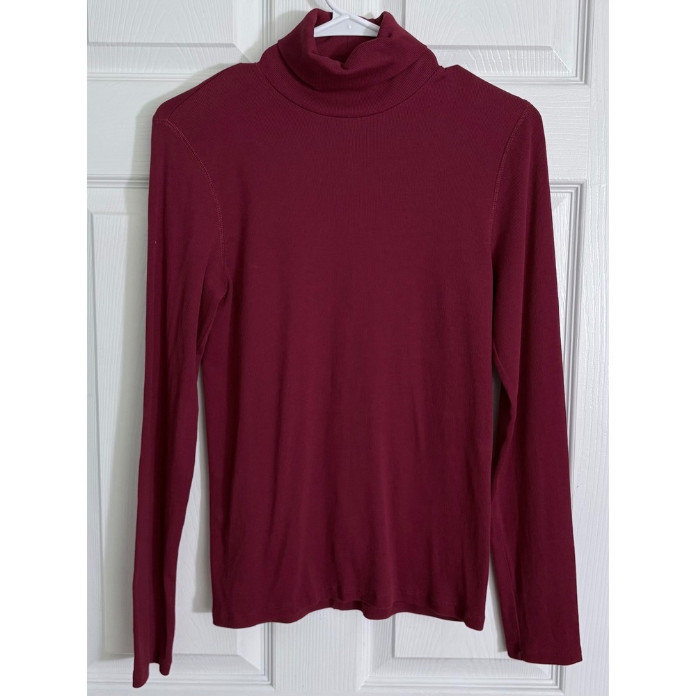 Everlane Turtleneck Top Large Burgundy Pima Cotton Ribbed Long Sleeve